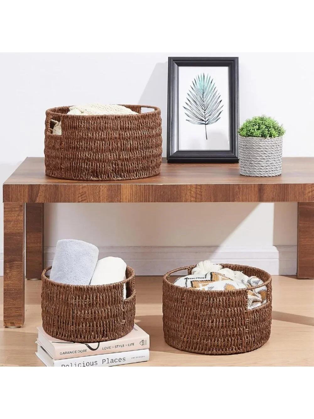 Hand-Woven Wicker Storage Baskets with Handles - Large Round Organizing Bins